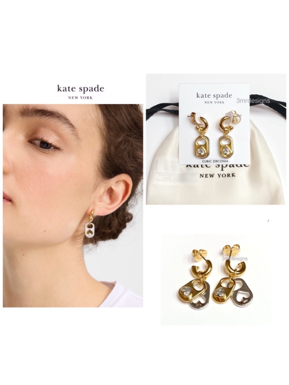 NWT Kate Spade ♠️ SNACK TIME Gold/Silver Plated Glass Crystals Huggies Earrings